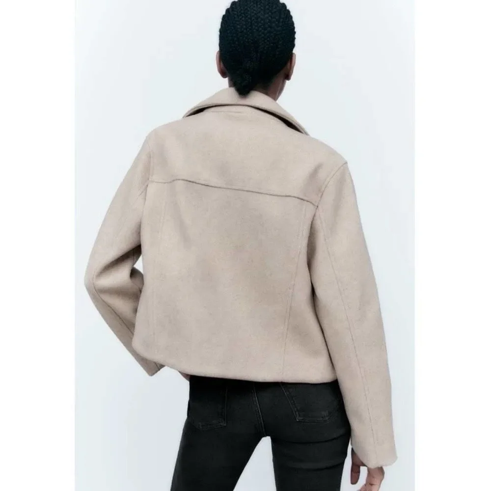 ZARA Soft Lapel Collar Crossover Asymmetric Moto Jacket Size S Camel